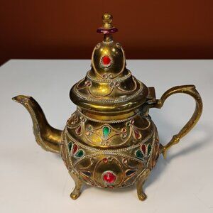 Ornate Vintage Brass Jeweled Mini Teapot Middle Eastern Decor